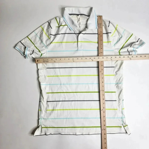 Lululemon Polo Shirt Size Large White Striped Octagon Logo Mesh Panels Men's - Picture 5 of 7